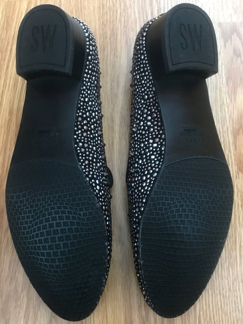 Stuart Weitzman Slipbeads Black Suede Studded Sparkly Rhinestone Loafers 8 - Picture 8 of 12